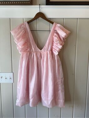 NWOT Storia Pink Ruffle-Sleeve Babydoll Dress, Size Small